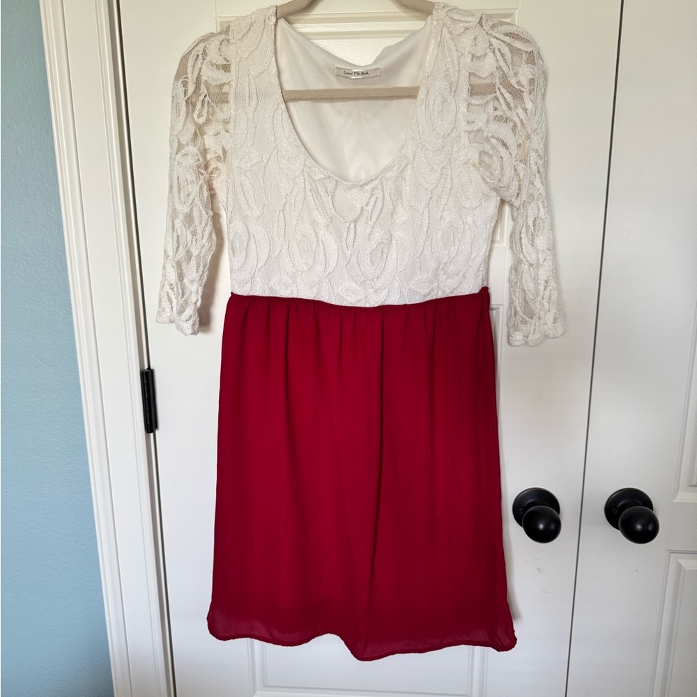 White and Red A-Line Mini Dress with Puff Sleeves